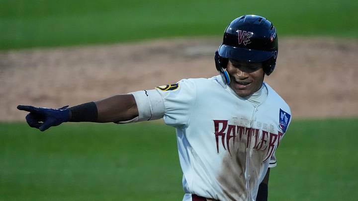 Wisconsin Timber Rattlers Braylon Payne (6) celebrates hitting a homerun against the Quad Cities River Bandits during their baseball game Friday, July 17, 2026, at Neuroscience Group Field at Fox Cities Stadium in Grand Chute, Wisconsin. Wisconsin Timber Rattlers Braylon Payne (6) celebrates hitting a homerun against the Quad Cities River Bandits during their baseball game Friday, July 17, 2026, at Neuroscience Group Field at Fox Cities Stadium in Grand Chute, Wisconsin.