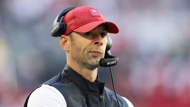 Dec 21, 2025; Glendale, Arizona, USA;  Arizona Cardinals head coach Jonathan Gannon against the Atlanta Falcons at State Farm Stadium. Mandatory Credit: Mark J. Rebilas-Imagn Images