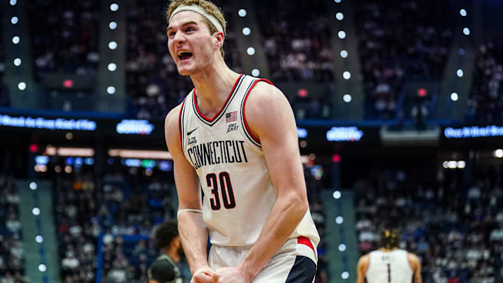 Feb 26, 2025; Hartford, Connecticut, USA; UConn Huskies forward Liam McNeeley (30) reacts after a play against the Georgetown Hoyas in the second half at XL Center. Mandatory Credit: David Butler II-Imagn Images Feb 26, 2025; Hartford, Connecticut, USA; UConn Huskies forward Liam McNeeley (30) reacts after a play against the Georgetown Hoyas in the second half at XL Center. Mandatory Credit: David Butler II-Imagn Images