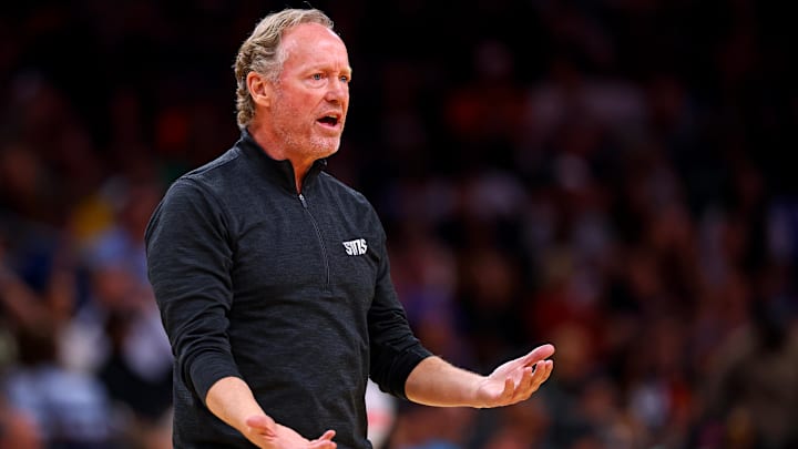 Mar 24, 2025; Phoenix, Arizona, USA; Phoenix Suns head coach Mike Budenholzer during the fourth quarter against the Milwaukee Bucks at Footprint Center. Mandatory Credit: Mark J. Rebilas-Imagn Images