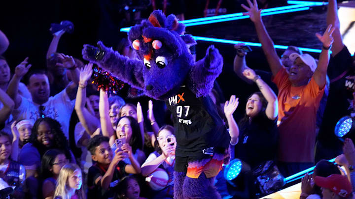 Phoenix Mercury mascot Scorch takes the court before the WNBA All-Star Game Skills Challenge at Footprint Center in Phoenix on Friday, July 19, 2024. Phoenix Mercury mascot Scorch takes the court before the WNBA All-Star Game Skills Challenge at Footprint Center in Phoenix on Friday, July 19, 2024.