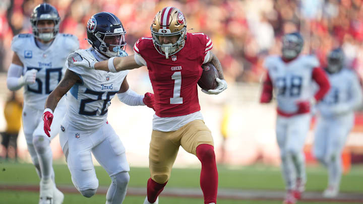 Dec 14, 2025; Santa Clara, California, USA; San Francisco 49ers wide receiver Ricky Pearsall (1) stiff arms Tennessee Titans cornerback Marcus Harris (26) during the third quarter at Levi's Stadium. Mandatory Credit: Cary Edmondson-Imagn Images Dec 14, 2025; Santa Clara, California, USA; San Francisco 49ers wide receiver Ricky Pearsall (1) stiff arms Tennessee Titans cornerback Marcus Harris (26) during the third quarter at Levi's Stadium. Mandatory Credit: Cary Edmondson-Imagn Images
