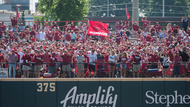 Jun 8, 2019; Fayetteville, AR, USA; Arkansas Razorbacks fans chant during the game against the Mississippi Rebels at Baum-Walker Stadium. Mandatory Credit: Brett Rojo-USA TODAY Sports