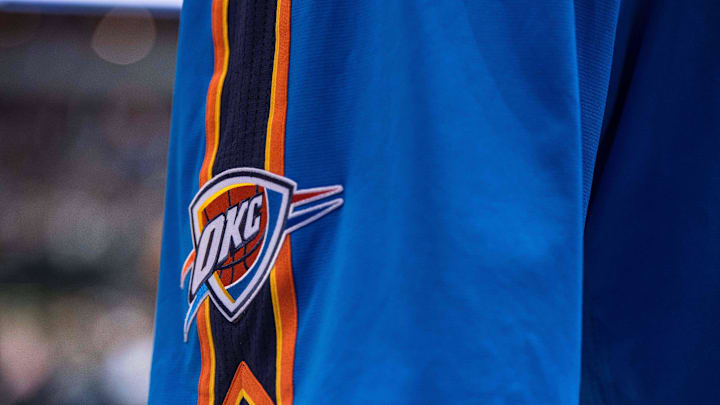 Dec 28, 2014; Dallas, TX, USA; A view of Oklahoma City Thunder logo on the shorts of guard Russell Westbrook (0) during the game against the Dallas Mavericks at the American Airlines Center. The Mavericks defeated the Thunder 112-107. Mandatory Credit: Jerome Miron-Imagn Images