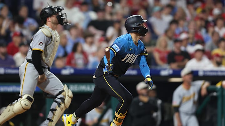 May 16, 2025; Philadelphia, Pennsylvania, USA; Philadelphia Phillies first base Bryce Harper (3) hits his 1000 career RBI on a single during the fifth inning against the Pittsburgh Pirates at Citizens Bank Park. Mandatory Credit: Bill Streicher-Imagn Images