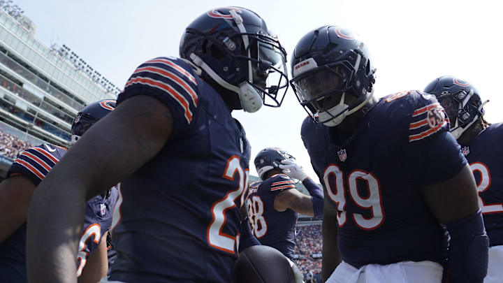 Sep 8, 2024; Chicago, Illinois, USA; Chicago Bears cornerback Tyrique Stevenson (29) celebrates his touchdown interception during the second half at Soldier Field. Mandatory Credit: David Banks-Imagn Images Sep 8, 2024; Chicago, Illinois, USA; Chicago Bears cornerback Tyrique Stevenson (29) celebrates his touchdown interception during the second half at Soldier Field. Mandatory Credit: David Banks-Imagn Images