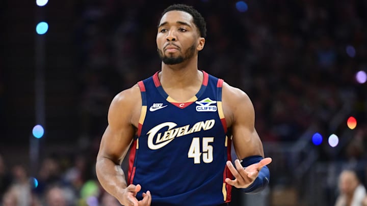 Apr 18, 2026; Cleveland, Ohio, USA; Cleveland Cavaliers guard Donovan Mitchell (45) celebrates after hitting a three point basket against the Toronto Raptors during the first half of game one in the first round of the 2026 NBA Playoffs at Rocket Arena. Mandatory Credit: Ken Blaze-Imagn Images