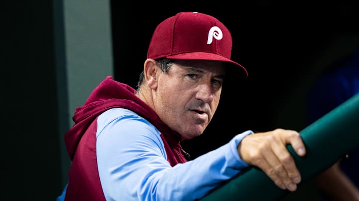 Sep 21, 2023; Philadelphia, Pennsylvania, USA; Philadelphia Phillies manager Rob Thomson in a game against the New York Mets at Citizens Bank Park. Mandatory Credit: Bill Streicher-Imagn Images