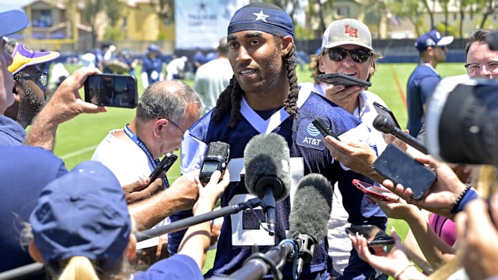 Jul 26, 2023; Oxnard, CA, USA; Dallas Cowboys cornerback Stephon Gilmore (21) answers questions