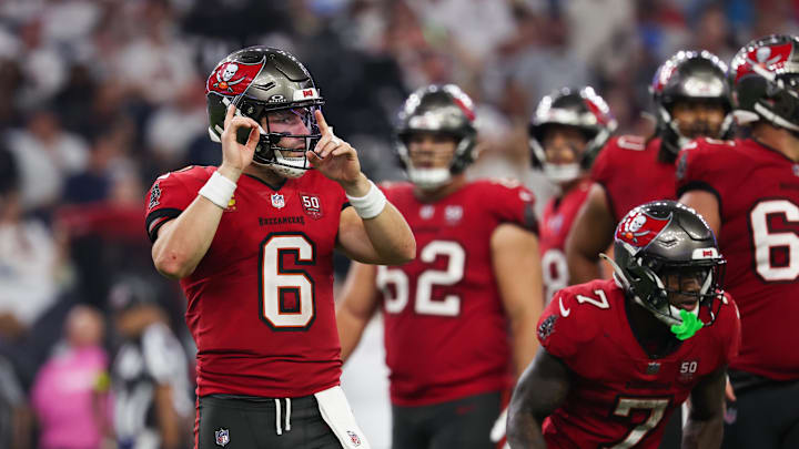 Sep 15, 2025; Houston, Texas, USA; Tampa Bay Buccaneers quarterback Baker Mayfield (6) calls a play during the fourth quarter against the Houston Texans at NRG Stadium. Mandatory Credit: Thomas Shea-Imagn Images
