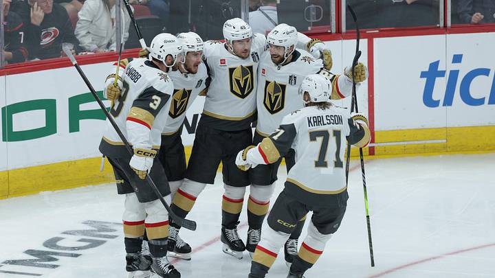 Jun 2, 2026; Raleigh, North Carolina, USA; Vegas Golden Knights center Brett Howden (21) celebrates scoring during the third period against the Carolina Hurricanes in game one of the 2026 Stanley Cup Final at Lenovo Center. Mandatory Credit: Nathan Ray Seebeck-Imagn Images