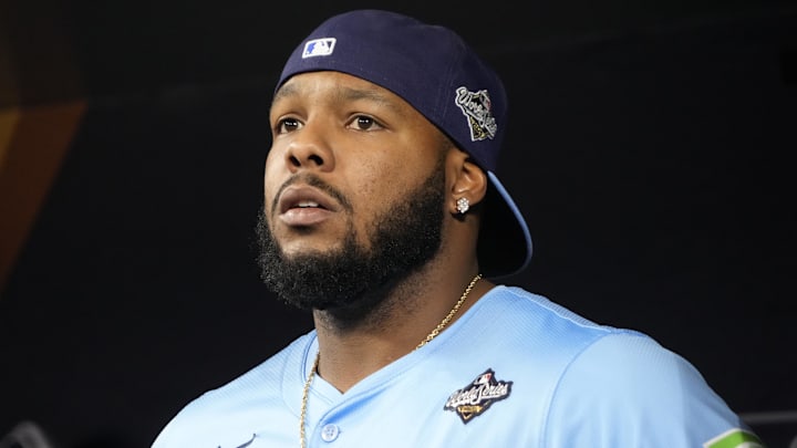 Toronto Blue Jays first baseman Vladimir Guerrero Jr. (27) looks on from the dugout before game six of the 2025 MLB World Series against the Los Angeles Dodgers at Rogers Centre. Toronto Blue Jays first baseman Vladimir Guerrero Jr. (27) looks on from the dugout before game six of the 2025 MLB World Series against the Los Angeles Dodgers at Rogers Centre.