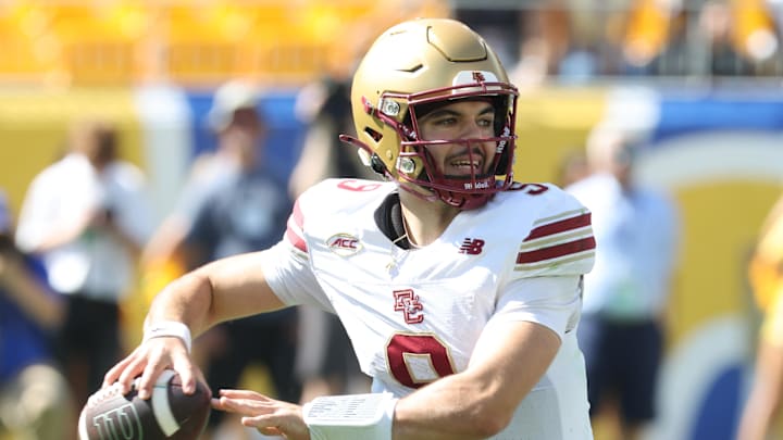 Oct 4, 2025; Pittsburgh, Pennsylvania, USA; Boston College Eagles quarterback Dylan Lonergan (9) passes against the Pittsburgh Panthers during the second quarter at Acrisure Stadium. Mandatory Credit: Charles LeClaire-Imagn Images Oct 4, 2025; Pittsburgh, Pennsylvania, USA; Boston College Eagles quarterback Dylan Lonergan (9) passes against the Pittsburgh Panthers during the second quarter at Acrisure Stadium. Mandatory Credit: Charles LeClaire-Imagn Images
