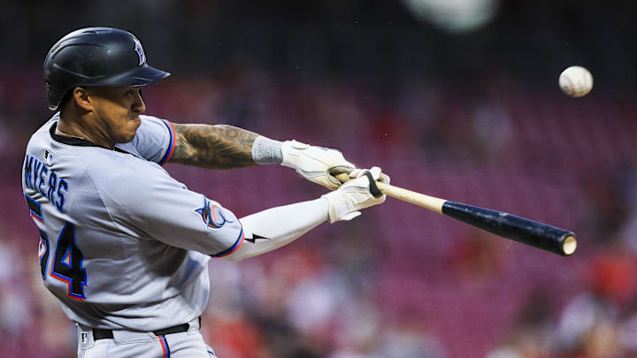 Jul 9, 2025; Cincinnati, Ohio, USA; Miami Marlins outfielder Dane Myers (54) bats against the Cincinnati Reds in the seventh inning at Great American Ball Park. Mandatory Credit: Katie Stratman-Imagn Images