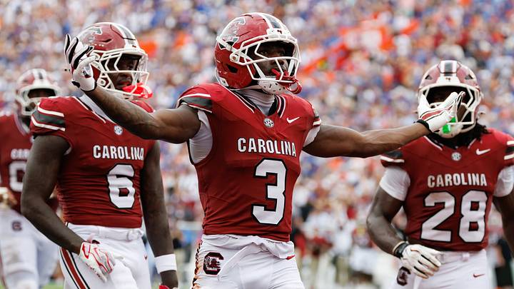 Oct 10, 2026; Gainesville, Florida, USA;  South Carolina Gamecocks wide receiver Mazeo Bennett Jr. (3) gestures after scoring a touchdown with South Carolina Gamecocks wide receiver Donovan Murph (6) and South Carolina Gamecocks running back Matt Fuller (28) against the Florida Gators during the first half at Ben Hill Griffin Stadium.  Mandatory Credit: Matt Pendleton-Imagn Images