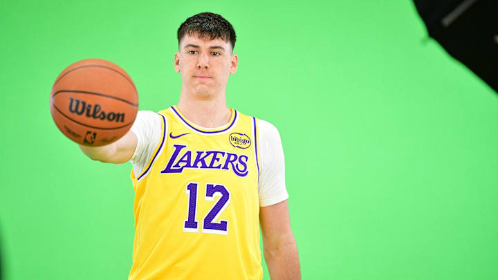 Sep 29, 2025; Los Angeles, CA, USA: Los Angeles Lakers forward Jake LaRavia (12) during media day at UCLA Health Training Center. Mandatory Credit: Gary A. Vasquez-Imagn Images