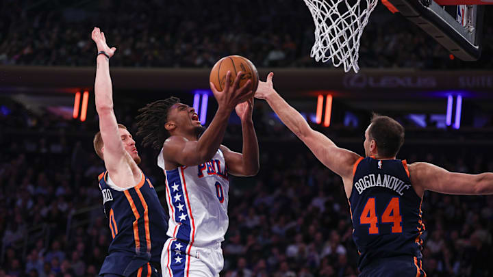 Mar 12, 2024; New York, New York, USA; Philadelphia 76ers guard Tyrese Maxey (0) drives for a shot