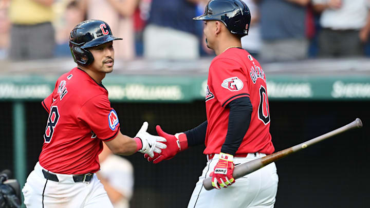 Jun 19, 2024; Cleveland, Ohio, USA; Cleveland Guardians left fielder Steven Kwan (38) celebrates with second baseman Andres Gimenez (0) after hitting a home run during the second inning against the Seattle Mariners at Progressive Field. Mandatory Credit: Ken Blaze-Imagn Images Jun 19, 2024; Cleveland, Ohio, USA; Cleveland Guardians left fielder Steven Kwan (38) celebrates with second baseman Andres Gimenez (0) after hitting a home run during the second inning against the Seattle Mariners at Progressive Field. Mandatory Credit: Ken Blaze-Imagn Images