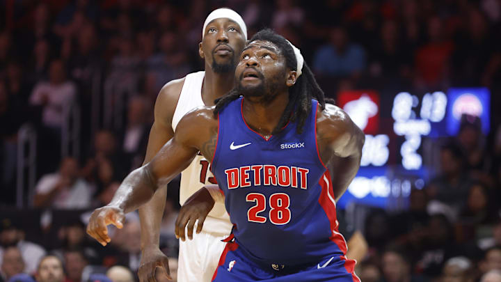 Oct 28, 2024; Miami, Florida, USA; Miami Heat center Bam Adebayo (13) and Detroit Pistons center Isaiah Stewart (28) wait for a rebound during the first half at Kaseya Center. Mandatory Credit: Rhona Wise-Imagn Images