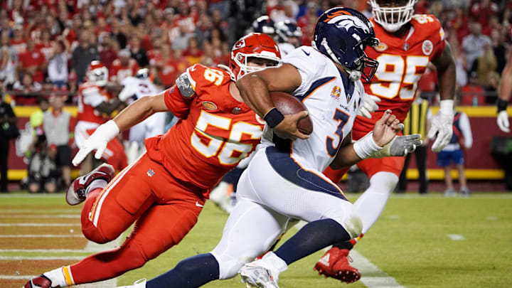 George Karlaftis applies pressure on Russell Wilson in the Chiefs' Week 6 win over Denver