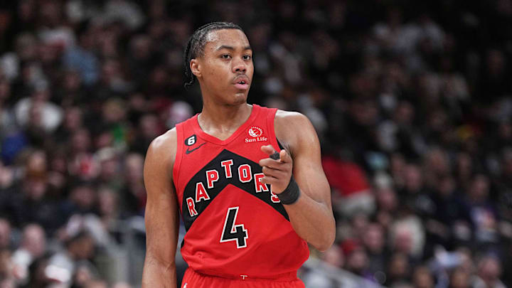 Mar 26, 2023; Toronto, Ontario, CAN; Toronto Raptors forward Scottie Barnes (4) points to one of his teammates against the Washington Wizards during the fourth quarter at Scotiabank Arena. Mandatory Credit: Nick Turchiaro-Imagn Images Mar 26, 2023; Toronto, Ontario, CAN; Toronto Raptors forward Scottie Barnes (4) points to one of his teammates against the Washington Wizards during the fourth quarter at Scotiabank Arena. Mandatory Credit: Nick Turchiaro-Imagn Images