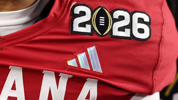 Jan 19, 2026; Miami Gardens, FL, USA; A detail view of of an Indiana Hoosiers uniform with the 2026 logo on it after winning the College Football Playoff National Championship game at Hard Rock Stadium. Mandatory Credit: Nathan Ray Seebeck-Imagn Images