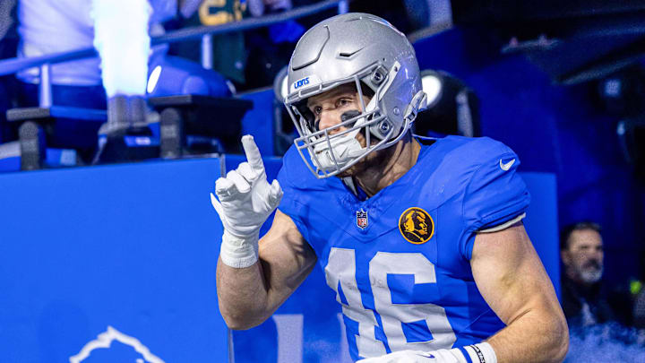 Nov 27, 2025; Detroit, Michigan, USA; Detroit Lions linebacker Jack Campbell (46) runs onto the field prior to the game against the Green Bay Packers at Ford Field. Mandatory Credit: David Reginek-Imagn Images