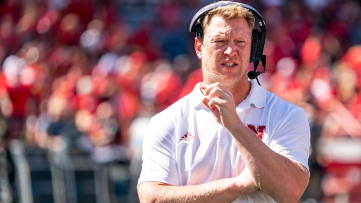 Sep 3, 2022; Lincoln, Nebraska, USA; Nebraska Cornhuskers head coach Scott Frost looks on during a timeout in the second quarter against the North Dakota Fighting Hawks at Memorial Stadium. Mandatory Credit: Dylan Widger-USA TODAY Sports