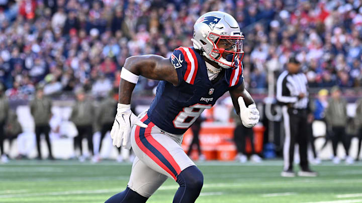 Nov 2, 2025; Foxborough, Massachusetts, USA; New England Patriots wide receiver Stefon Diggs (8) runs a route during the second half against the Atlanta Falcons at Gillette Stadium. Mandatory Credit: Eric Canha-Imagn Images