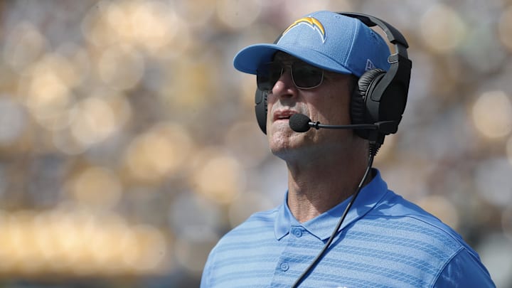 Sep 22, 2024; Pittsburgh, Pennsylvania, USA;  Los Angeles Chargers head coach Jim Harbaugh looks on from the sidelines during the second quarter against the Pittsburgh Steelers at Acrisure Stadium.