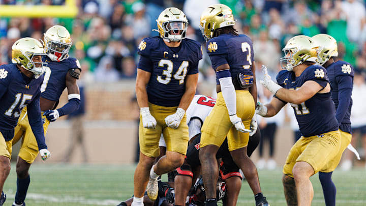 Notre Dame linebacker Drayk Bowen (34) celebrates after getting a stop in the second half of a NCAA football game against NC State at Notre Dame Stadium on Saturday, Oct. 11, 2025, in South Bend.