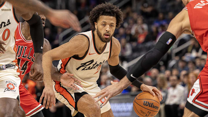 Nov 18, 2024; Detroit, Michigan, USA; Detroit Pistons guard Cade Cunningham (2) controls the ball against the Chicago Bulls during the first half at Little Caesars Arena. Mandatory Credit: David Reginek-Imagn Images