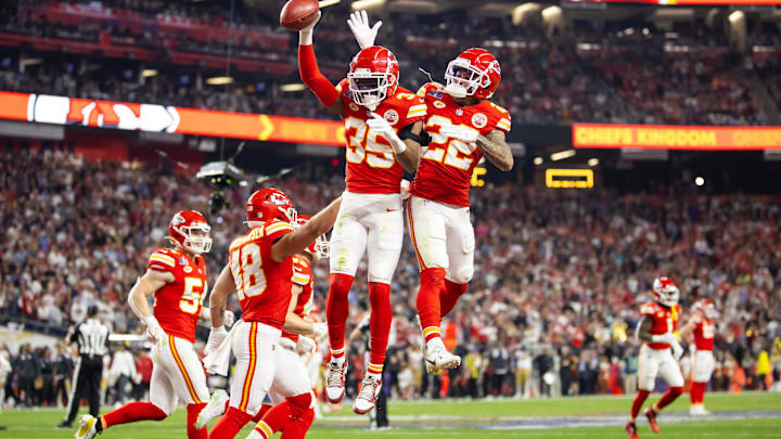 Feb 11, 2024; Paradise, Nevada, USA; Kansas City Chiefs cornerback Jaylen Watson (35) celebrates with Trent McDuffie (22) after recovering a muffed punt against the San Francisco 49ers in the second half in Super Bowl LVIII at Allegiant Stadium. Mandatory Credit: Mark J. Rebilas-Imagn Images