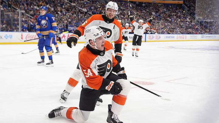 Oct 21, 2026; Buffalo, New York, USA;  Philadelphia Flyers right wing Cole Knuble (54) reacts after a goal against the Buffalo Sabres during the first period at KeyBank Center. 