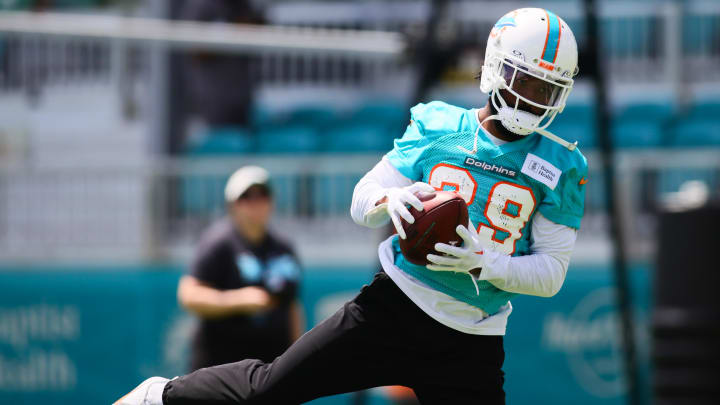 Cornerback Kendall Fuller catches the football during mandatory minicamp at Baptist Health Training Complex last week.