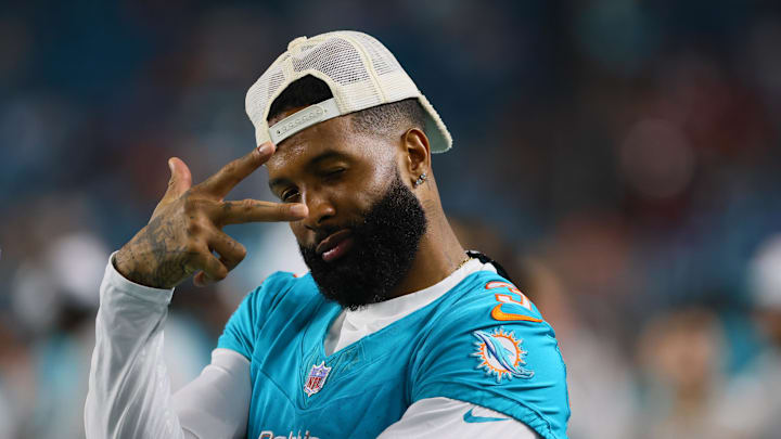 Aug 17, 2024; Miami Gardens, Florida, USA; Miami Dolphins wide receiver Odell Beckham Jr. (3) reacts from the sideline against the Washington Commanders during the fourth quarter of a preseason game at Hard Rock Stadium. Mandatory Credit: Sam Navarro-Imagn Images Aug 17, 2024; Miami Gardens, Florida, USA; Miami Dolphins wide receiver Odell Beckham Jr. (3) reacts from the sideline against the Washington Commanders during the fourth quarter of a preseason game at Hard Rock Stadium. Mandatory Credit: Sam Navarro-Imagn Images