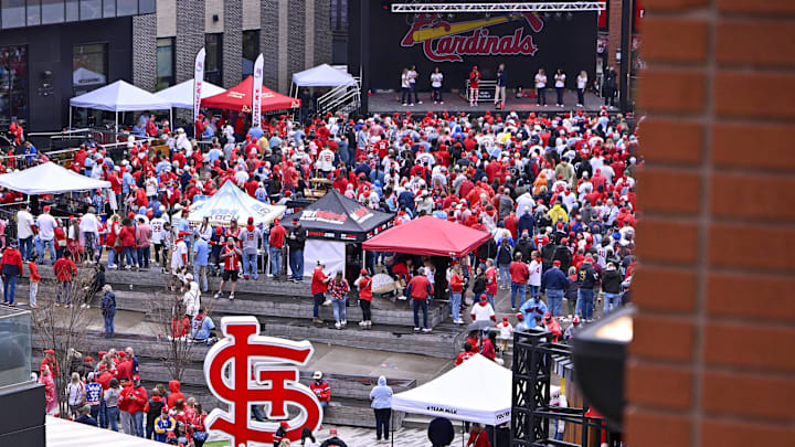 Mar 27, 2025; St. Louis, Missouri, USA; A general view as fans attend a rally before Opening Day game between the St. Louis Cardinals and the Minnesota Twins at Busch Stadium. Mandatory Credit: Jeff Curry-Imagn Images Mar 27, 2025; St. Louis, Missouri, USA; A general view as fans attend a rally before Opening Day game between the St. Louis Cardinals and the Minnesota Twins at Busch Stadium. Mandatory Credit: Jeff Curry-Imagn Images