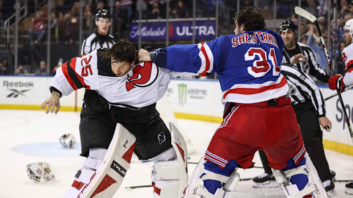 New York Rangers goaltender Igor Shesterkin (31) and New Jersey Devils goaltender Jacob Markstrom (25): Wendell Cruz-Imagn Images