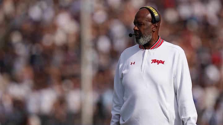 Sep 12, 2026; East Hartford, Connecticut, USA; Maryland Terrapins head coach Mike Locksley watches from the sideline as they take on the UConn Huskies at Pratt & Whitney Stadium at Rentschler Field. Mandatory Credit: David Butler II-Imagn Images
