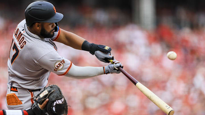 Mar 29, 2025; Cincinnati, Ohio, USA; San Francisco Giants outfielder Heliot Ramos (17) bats against the Cincinnati Reds in the eighth inning at Great American Ball Park. Mar 29, 2025; Cincinnati, Ohio, USA; San Francisco Giants outfielder Heliot Ramos (17) bats against the Cincinnati Reds in the eighth inning at Great American Ball Park.