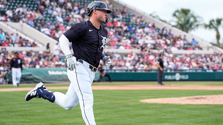Detroit Tigers infielder Spencer Torkelson runs towards first base after batting the single against Philadelphia Phillies during a Grapefruit League game at Joker Marchant Stadium in Lakeland, Fla. on Saturday, Feb. 22, 2025.