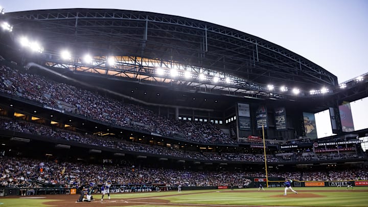 May 9, 2025; Phoenix, Arizona, USA; Overall view of Chase Field as Arizona Diamondbacks pitcher Eduardo Rodriguez throws to Los Angeles Dodgers shortstop Mookie Betts at Chase Field. Mandatory Credit: Mark J. Rebilas-Imagn Images May 9, 2025; Phoenix, Arizona, USA; Overall view of Chase Field as Arizona Diamondbacks pitcher Eduardo Rodriguez throws to Los Angeles Dodgers shortstop Mookie Betts at Chase Field. Mandatory Credit: Mark J. Rebilas-Imagn Images