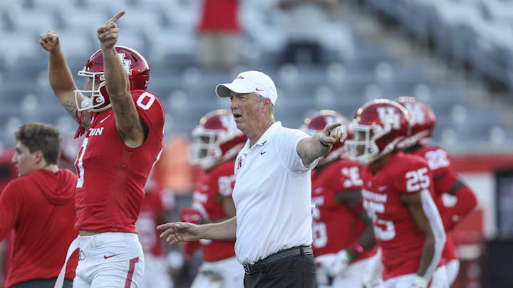 Houston Cougars head coach Willie Fritz on the field before the game against the Utah Utes at TDECU Stadium.