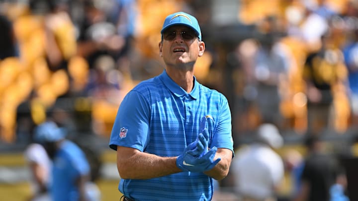 Sep 22, 2024; Pittsburgh, Pennsylvania, USA; Los Angeles Chargers head coach Jim Harbaugh looks on before the game against the Pittsburgh Steelers at Acrisure Stadium. Mandatory Credit: Barry Reeger-Imagn Images Sep 22, 2024; Pittsburgh, Pennsylvania, USA; Los Angeles Chargers head coach Jim Harbaugh looks on before the game against the Pittsburgh Steelers at Acrisure Stadium. Mandatory Credit: Barry Reeger-Imagn Images