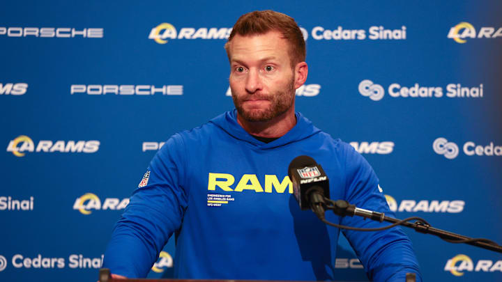 Dec 18, 2025; Seattle, Washington, USA;  Los Angeles Rams head coach Sean McVay speaks in a press conference after a game against the Seattle Seahawks at Lumen Field. Mandatory Credit: Kevin Ng-Imagn Images