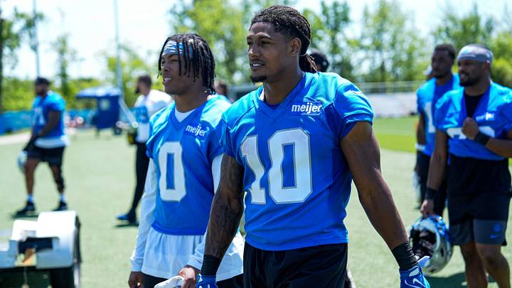 Detroit Lions running back Isiah Pacheco (10) walks off the field with running back Jahmyr Gibbs (0) after practice during OTAs at Meijer Performance Center in Allen Park on Friday, May 29, 2026. Detroit Lions running back Isiah Pacheco (10) walks off the field with running back Jahmyr Gibbs (0) after practice during OTAs at Meijer Performance Center in Allen Park on Friday, May 29, 2026.
