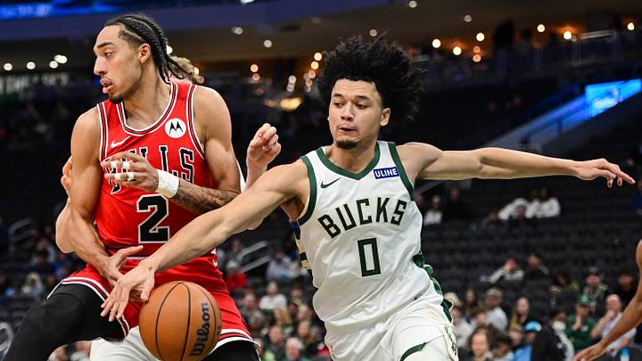 Oct 14, 2026; Milwaukee, Wisconsin, USA;  Milwaukee Bucks guard Brayden Burries (0) knocks the ball away from Chicago Bulls forward Noa Essengue (2) in the fourth quarter at Fiserv Forum.  Mandatory Credit: Benny Sieu-Imagn Images