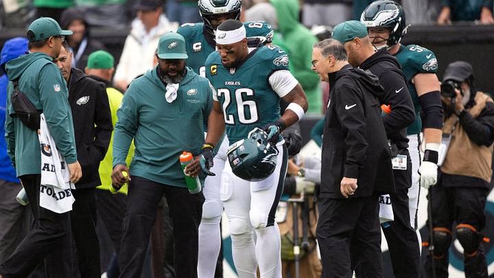 Oct 4, 2026; Philadelphia, Pennsylvania, USA; Philadelphia Eagles running back Saquon Barkley (26) walks off the field with an apparent injury against the Los Angeles Rams during the first quarter at Lincoln Financial Field. Mandatory Credit: Bill Streicher-Imagn Images Oct 4, 2026; Philadelphia, Pennsylvania, USA; Philadelphia Eagles running back Saquon Barkley (26) walks off the field with an apparent injury against the Los Angeles Rams during the first quarter at Lincoln Financial Field. Mandatory Credit: Bill Streicher-Imagn Images