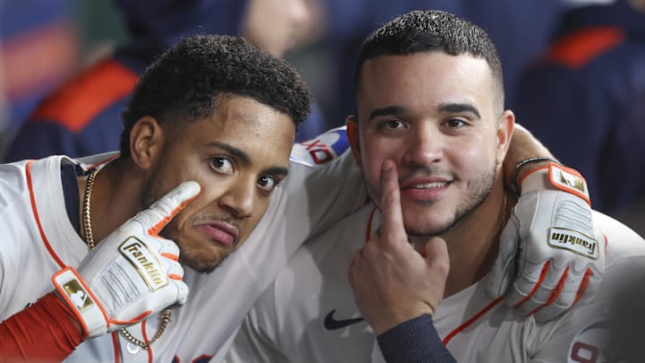 May 31, 2025; Houston, Texas, USA; Houston Astros shortstop Jeremy Pena (3) celebrates with designated hitter Yainer Diaz (21) after hitting a home run during the first inning against the Tampa Bay Rays at Daikin Park. Mandatory Credit: Troy Taormina-Imagn Images May 31, 2025; Houston, Texas, USA; Houston Astros shortstop Jeremy Pena (3) celebrates with designated hitter Yainer Diaz (21) after hitting a home run during the first inning against the Tampa Bay Rays at Daikin Park. Mandatory Credit: Troy Taormina-Imagn Images
