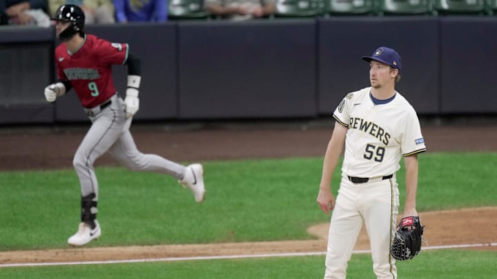 Milwaukee Brewers pitcher Erick Fedde (59) watches a two-run home run by Arizona Diamondbacks shortstop Blaze Alexander (9) during the sixth inning of their game Wednesday, August 27, 2025 at American Family Field in Milwaukee, Wisconsin.